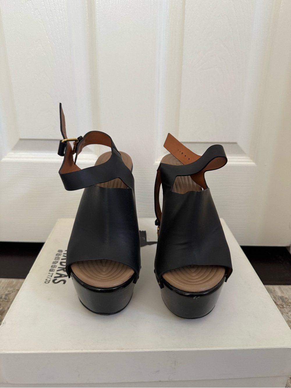 Givenchy Black Leather Platform Peep-Toe Sandals with Ankle Buckle